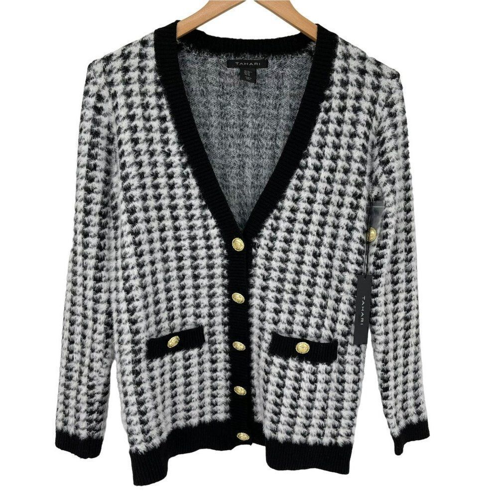 Tahari Houndstooth Eyelash V-Neck Button Up Cardigan Sweater Soft White Black XS